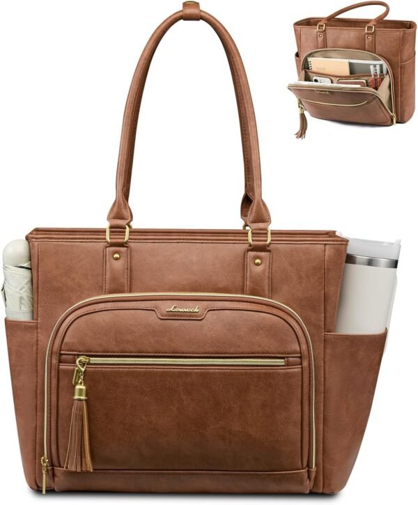 Laptop Tote Bag for Women Work, Vintage Leather Teacher Nurse Bag with Large Cup Holder, Bible Handbag Purse GIfs, Waterproof Professional Computer Briefcase for Business Office, 17 Inch Chestnut Brown