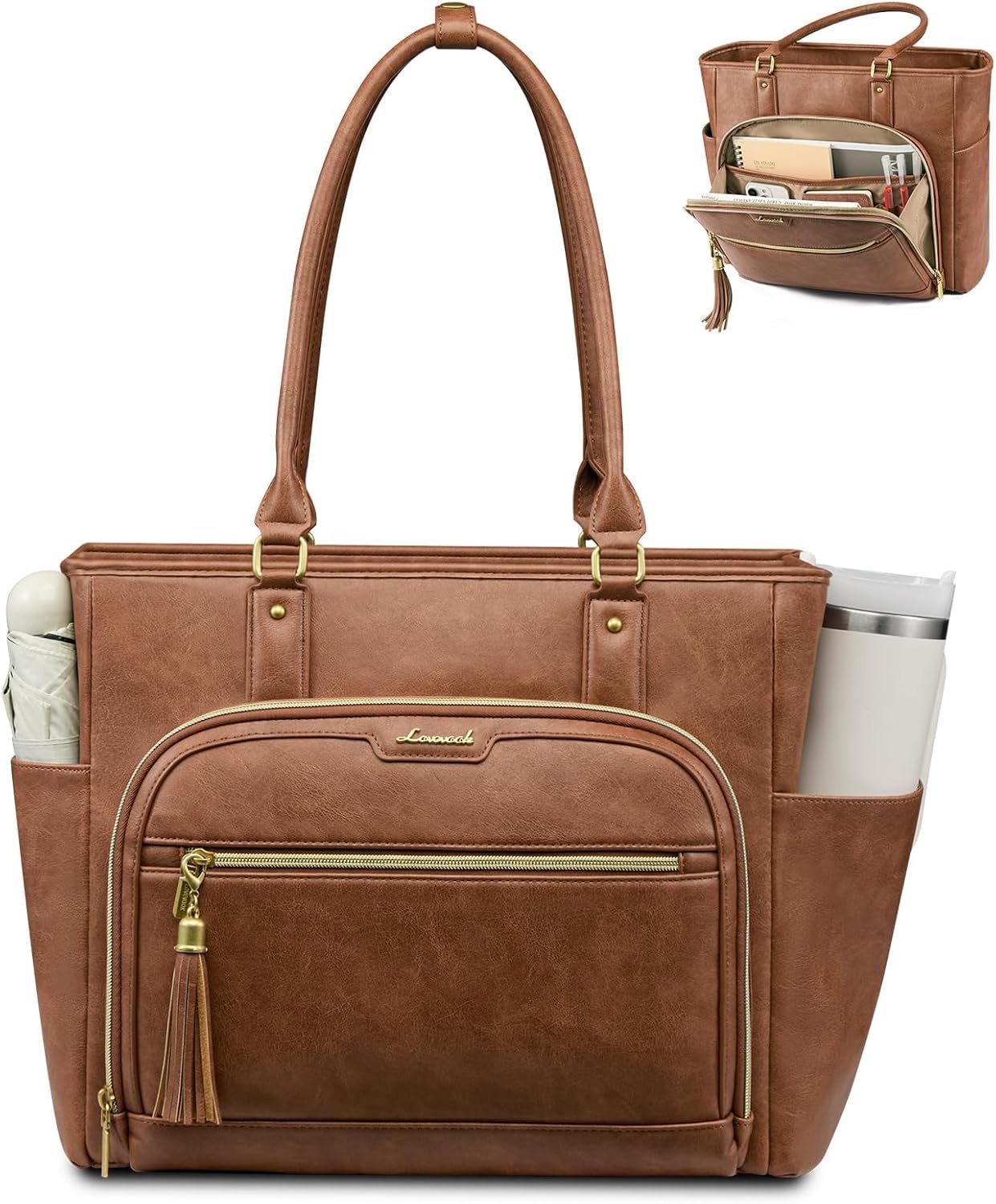 Laptop Tote Bag for Women Work, Vintage Leather Teacher Nurse Bag with Large Cup Holder, Bible Handbag Purse GIfs, Waterproof Professional Computer Briefcase for Business Office, 17 Inch Chestnut Brown