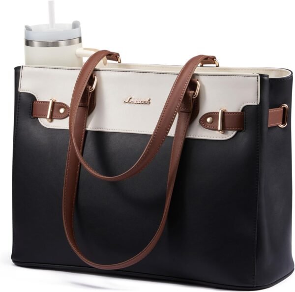 Laptop Tote Bag for Women Work, Teacher Tote Bag with Large Cup Holder, Waterproof Leather Computer Bag Black-beige-brown