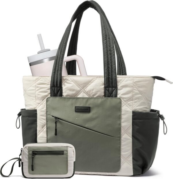 Tote Bag for Women, puffer tote bag for Work Travel Nurse, Lightweight quilted Bags with Compartments M-15.6 Inch-cream-green