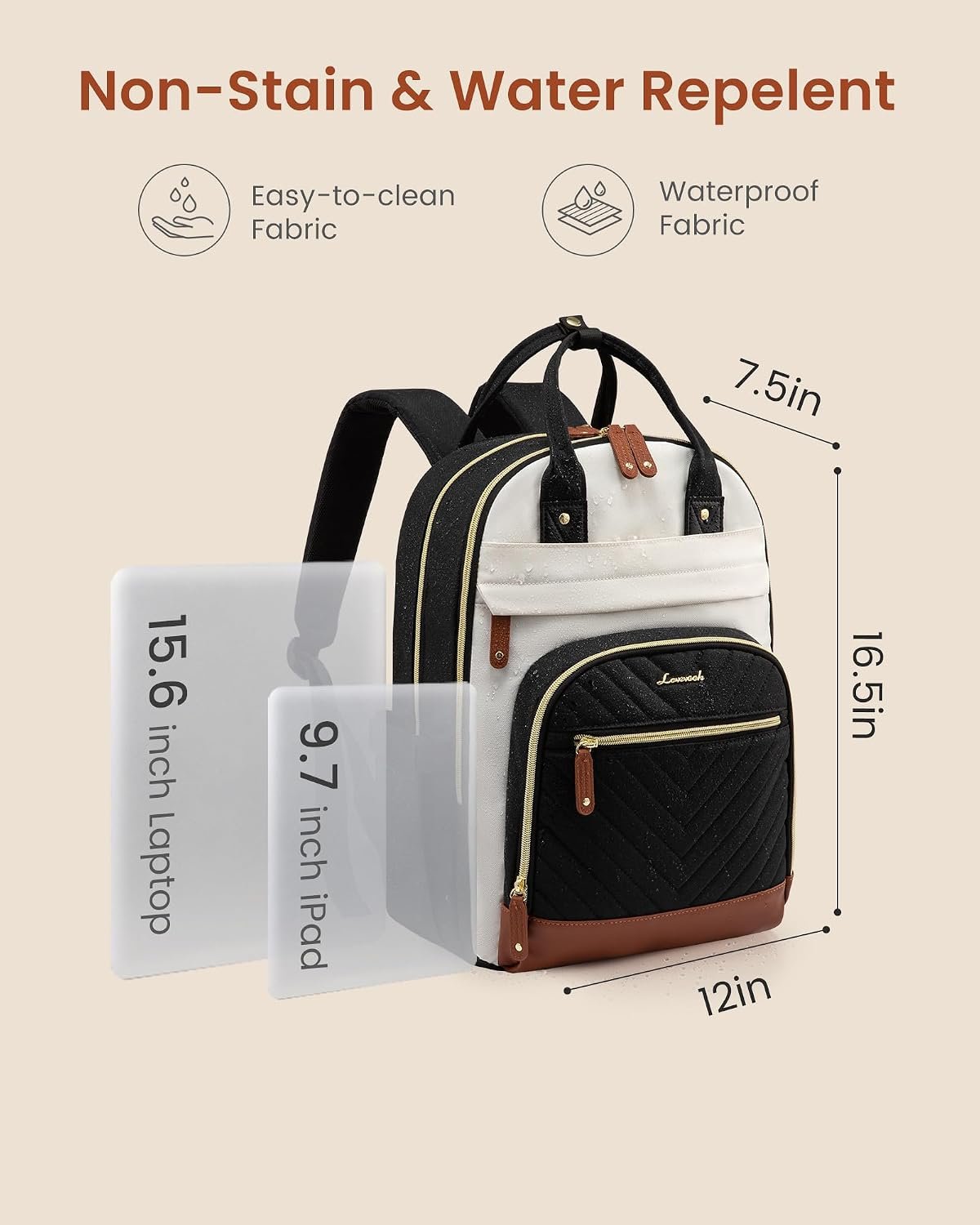 Laptop Backpack Women with Giant Tumbler Holder,15.6 inch Waterproof Work Travel Backpack Computer Laptop Bag,Cute College Nurse Teacher Backpack Purse,Gifts for Women & Men,Beige-Black-Brown Beige-black-brown - Image 5