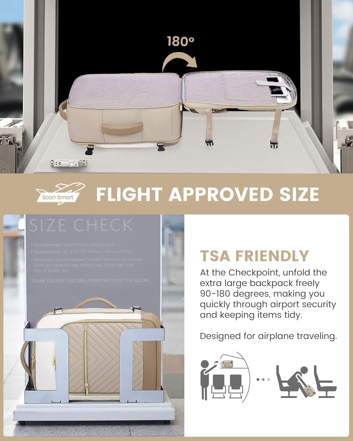 Large Travel Backpack for Women, TSA Carry on Backpack for Airplanes, 40L Personal Item Travel Bag for Women fits 17" Laptop,Waterproof Carry on Bag Airplane Approved with 3 Packing Cubes Khaki - Beige - Abricot - Image 3