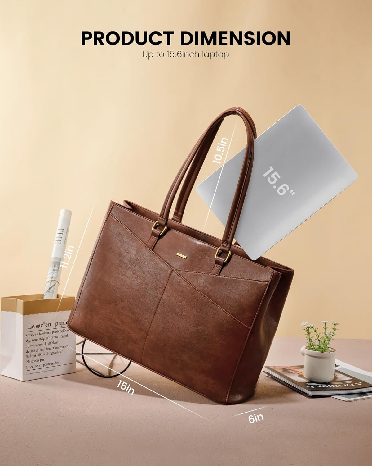 Laptop Bag for Women,15.6 Inch Laptop Tote Bag for Women,Vintage Leather Work Tote Bags Computer Teacher Bag,Waterproof Business Office Briefcase Bible Bag 15.6 inch - Image 5
