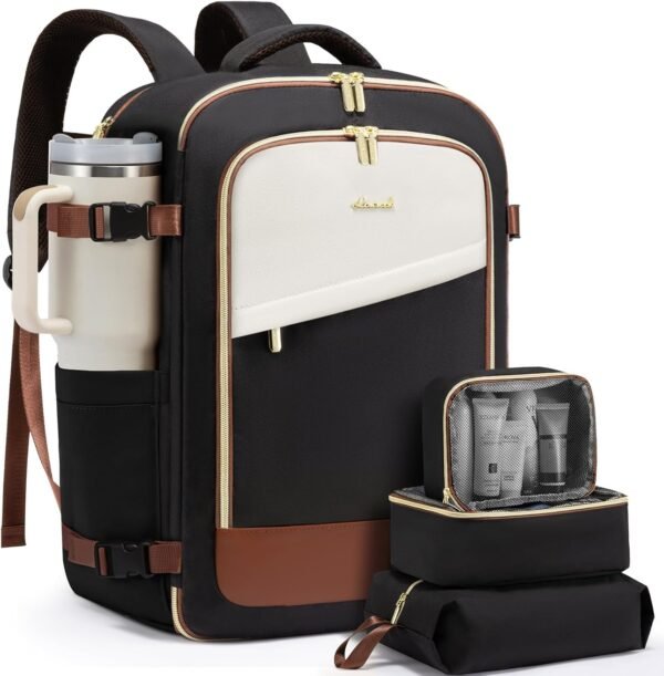 Travel Backpack for Women, 40L Carry On Backpack Flight Approved, Large Personal Item Bag Fits 17 inch Laptop, TSA Approved Luggage with 3 Packing Cubes,Waterproof Weekender Gym Daypack Black-white-brown