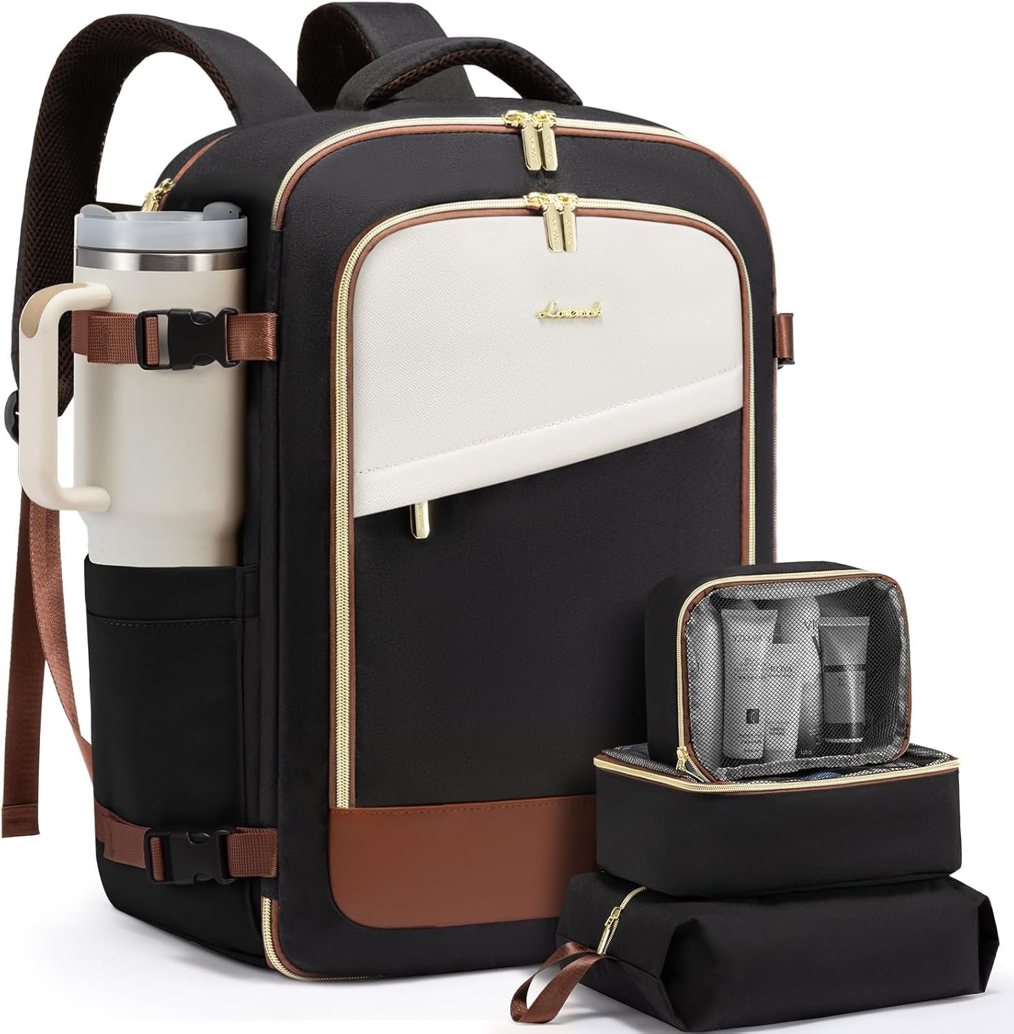 Travel Backpack for Women, 40L Carry On Backpack Flight Approved, Large Personal Item Bag Fits 17 inch Laptop, TSA Approved Luggage with 3 Packing Cubes,Waterproof Weekender Gym Daypack Black-white-brown