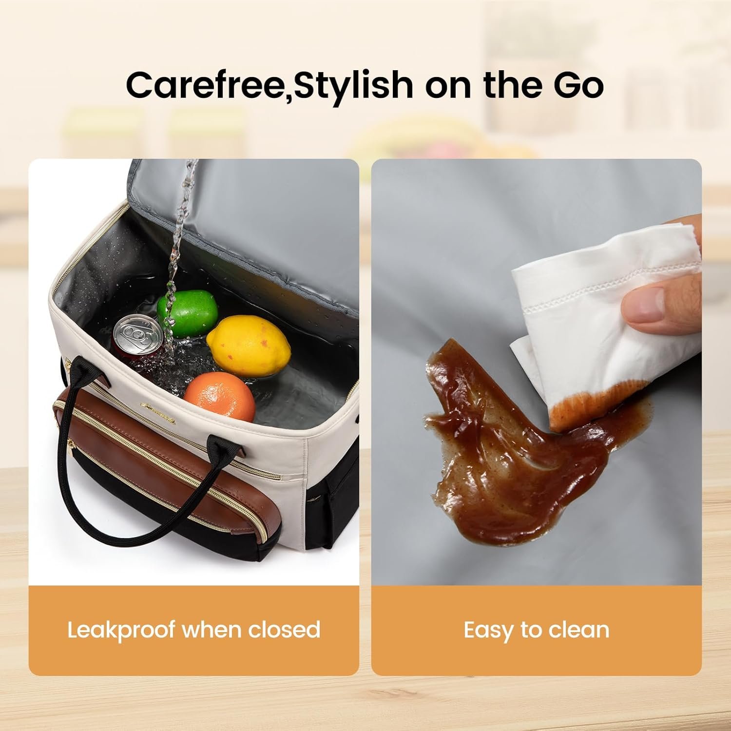 Insulated Lunch Bag Women,Wide Opening Adult Lunch Box Women with Cup Holder,Large Leakproof Cooler Bag for Work Picnic Beach Family College Mom,Lunch Teacher Tote Bag for Gift Black with Off White with Brown - Image 4