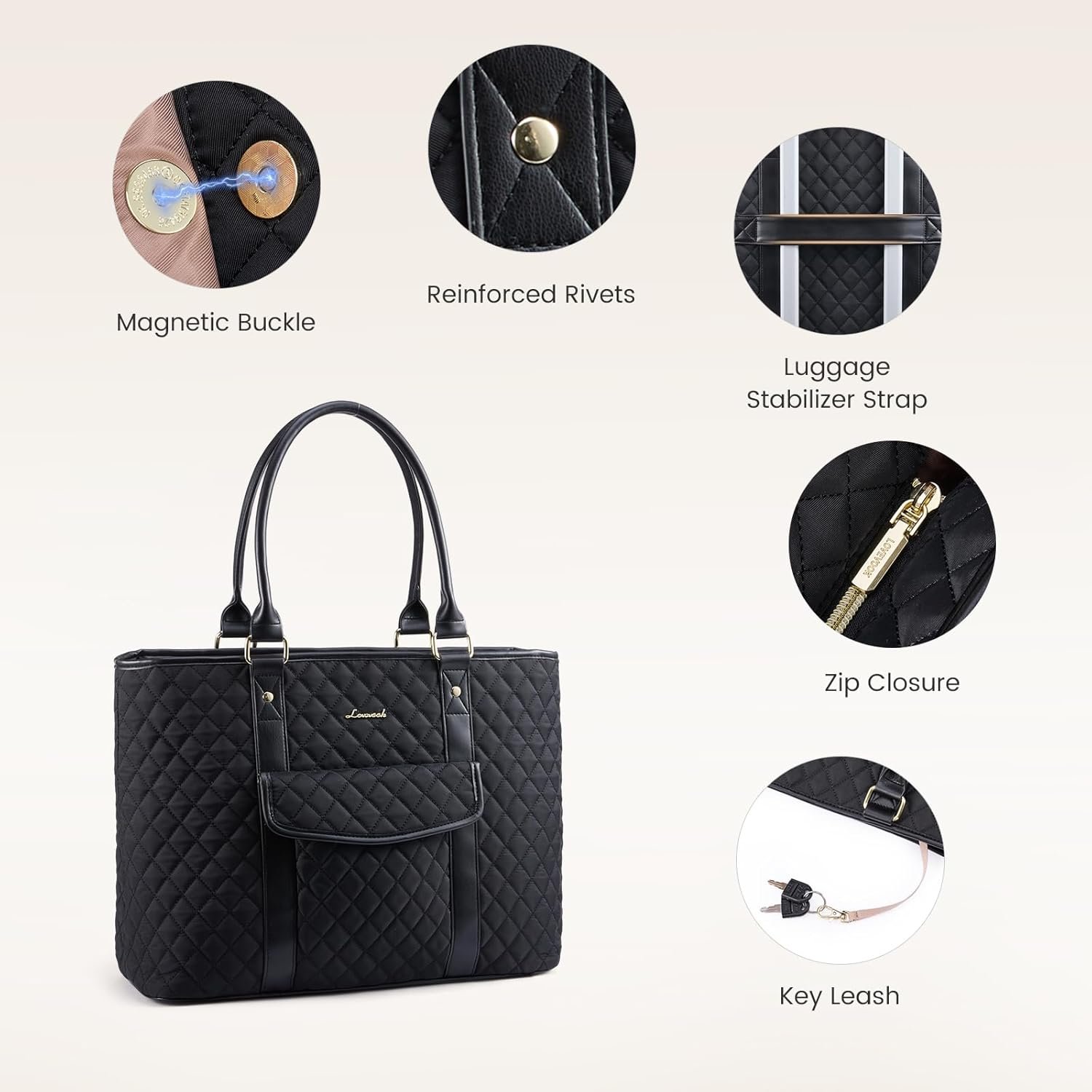 Laptop Tote Bag for Women 15.6 Inch,Waterproof Computer Bag for Laptop for Womens,Quilted Travel Work Tote Bags for Women,Stylish Laptop Bag Purse with Luggage Sleeve for Teacher,Nurse,Office 15.6 Inch - Image 3