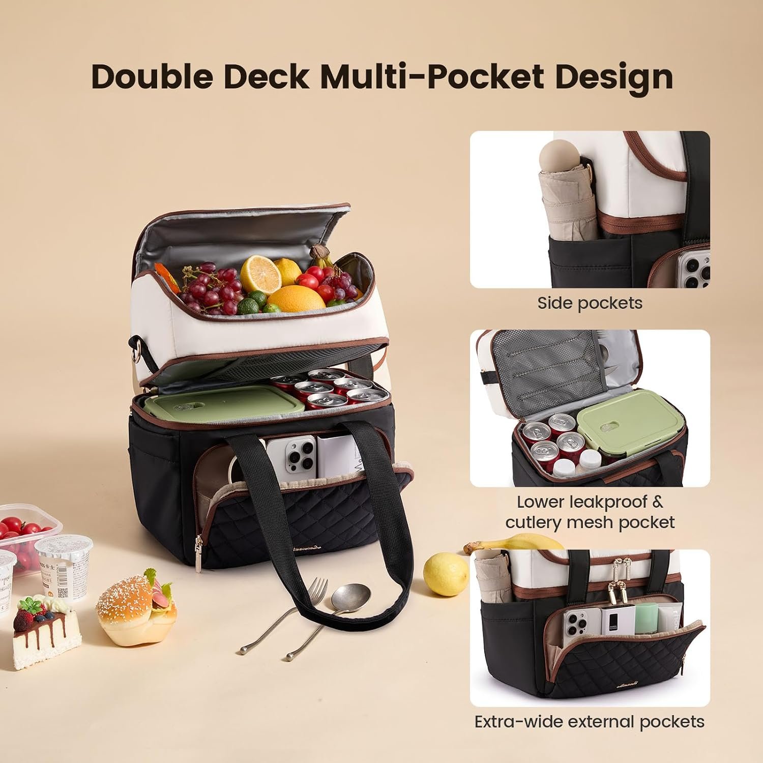 Insulated Lunch Bag for Women,Large Double Deck Adult Lunch Box,Teacher Lunch Tote Bag with Cup Holder,Leakproof Cooler Bag with Adjustable Shoulder Strap for Work Picnic Beach,Larger 15L Black with Off White with Brown - Image 5