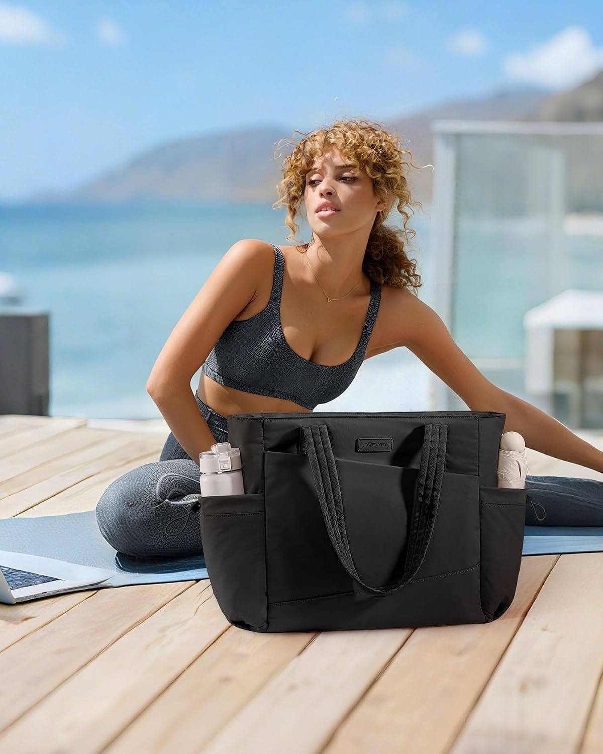 Gym Tote Bag for Women, Puffy Yoga Mat Bag with Large Cup Holder & Wet Pocket, Work Nurse Bag for Travel Workout Black - Image 2