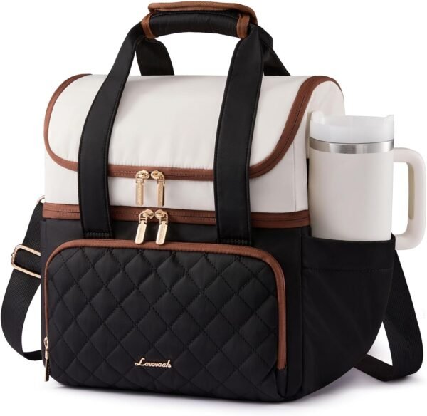 Insulated Lunch Bag for Women,Large Double Deck Adult Lunch Box,Teacher Lunch Tote Bag with Cup Holder,Leakproof Cooler Bag with Adjustable Shoulder Strap for Work Picnic Beach,Larger 15L Black with Off White with Brown