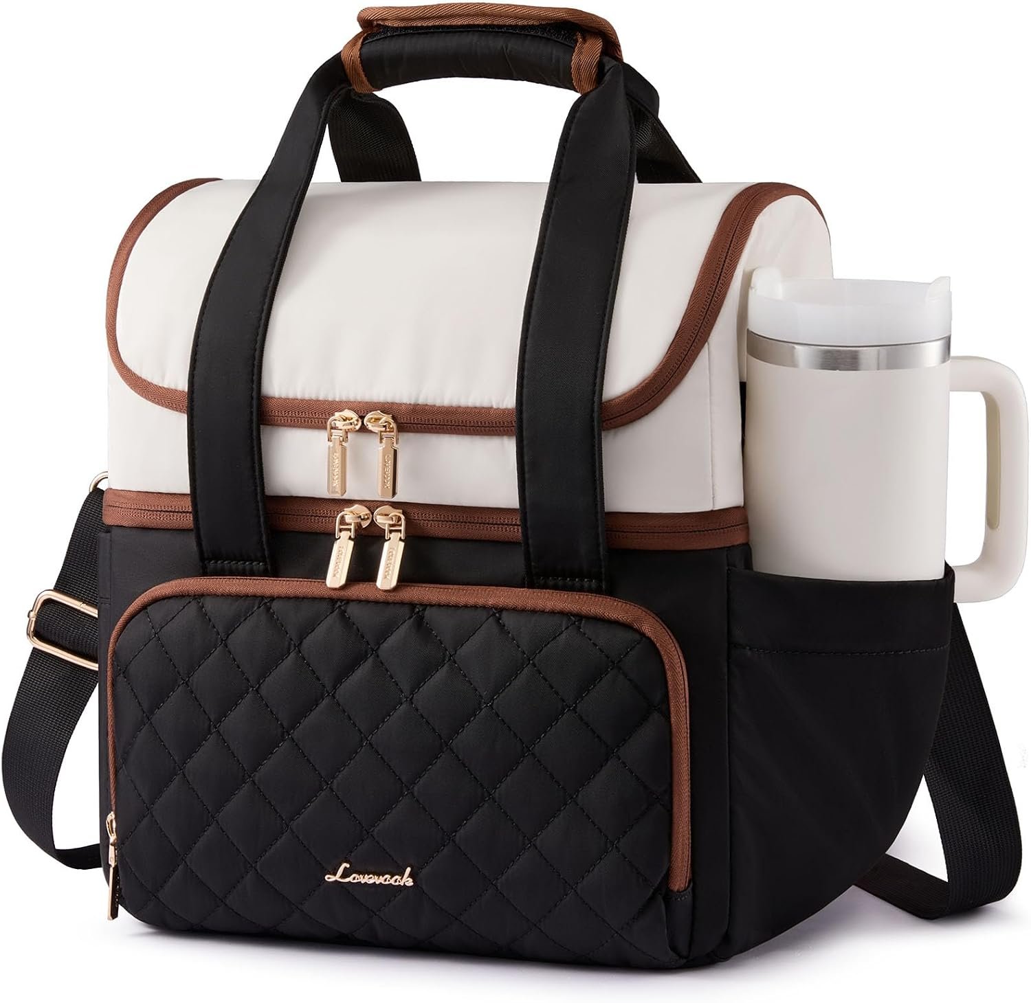 Insulated Lunch Bag for Women,Large Double Deck Adult Lunch Box,Teacher Lunch Tote Bag with Cup Holder,Leakproof Cooler Bag with Adjustable Shoulder Strap for Work Picnic Beach,Larger 15L Black with Off White with Brown