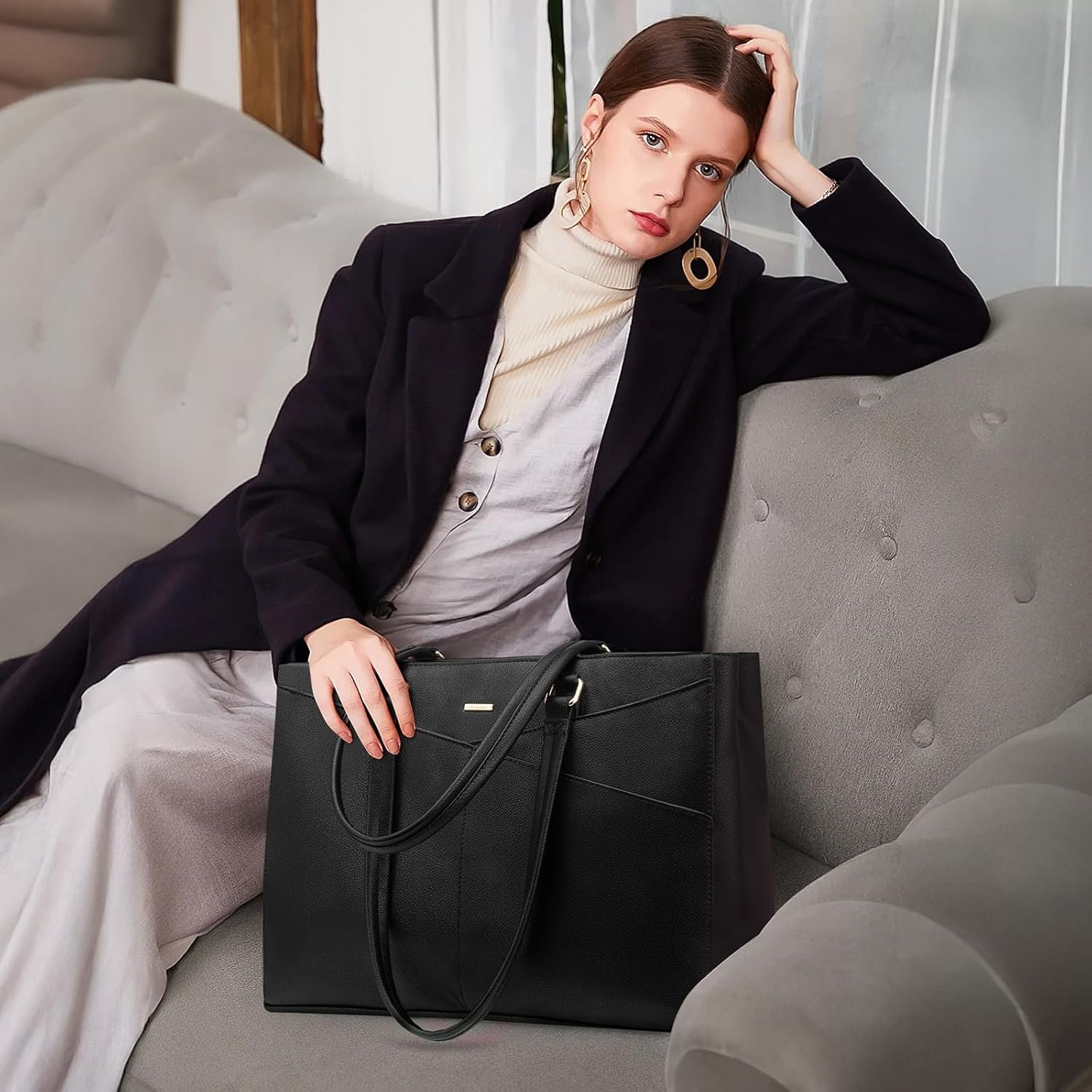 Laptop Tote Bag for Women 15.6 Inch Waterproof Leather Computer Bags Business Office Work Briefcase Black 15.6 inch - Image 2