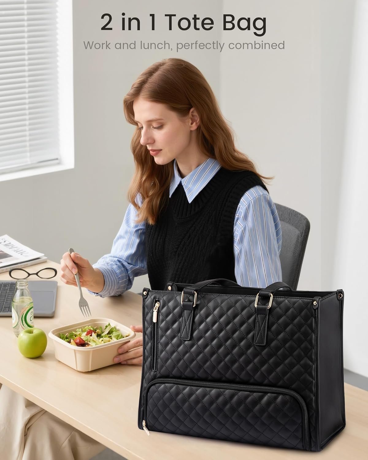 Lunch Tote Bag for Women, 15.6 Inch Laptop Bag with Insulated Lunch Compartment, Quilted Large Capacity Computer Handbag with Purse for Business, Work, Nurse, Office, Collage, Casual, Black Black - Image 5