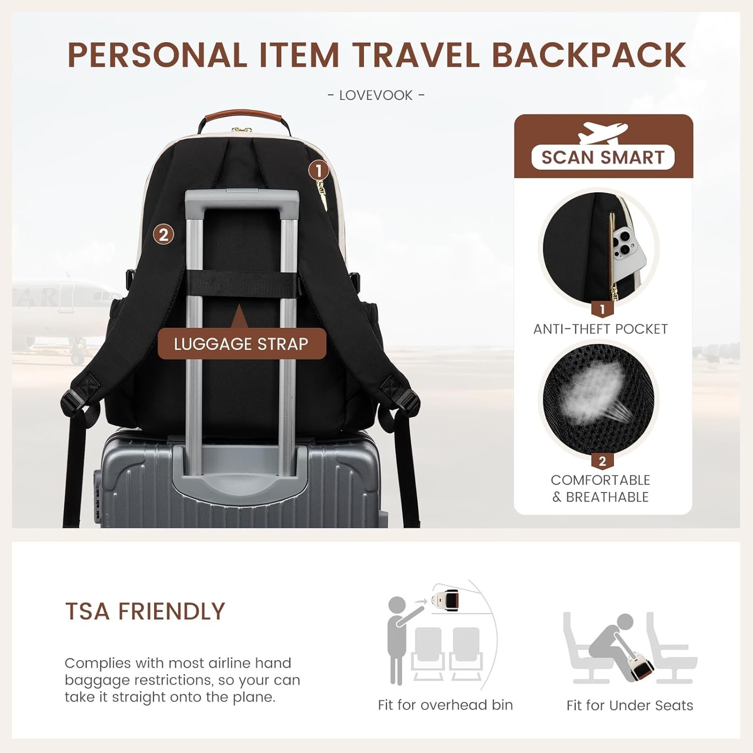 Laptop Backpack for Women with Pouch Pocket for Large Capacity Cup,15.6 Inch Laptop Computer Bag Travel Backpack Purse,Waterproof Work Business Backpack College Teacher Bags,Beige-Black-Brown Beige - Black - Chestnut Brown - Image 6