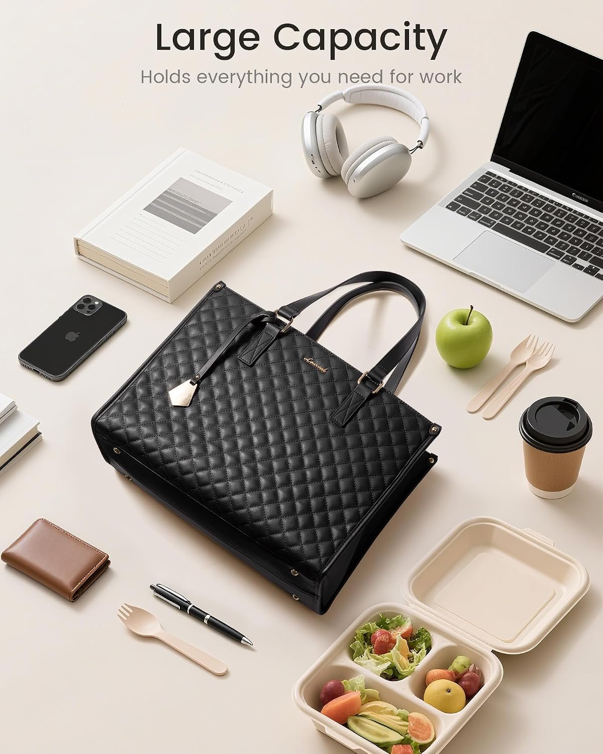 Lunch Tote Bag for Women, 15.6 Inch Laptop Bag with Insulated Lunch Compartment, Quilted Large Capacity Computer Handbag with Purse for Business, Work, Nurse, Office, Collage, Casual, Black Black - Image 9