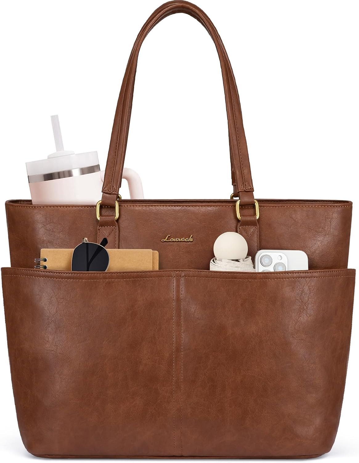 Work Tote Bags for Women, Vintage Leather 15.6 Inch Laptop Bag with Large Cup Holder, Teacher Nurse Medical Professional Computer Bag, Office Briefcase Handbag Gift 15.6 Inch