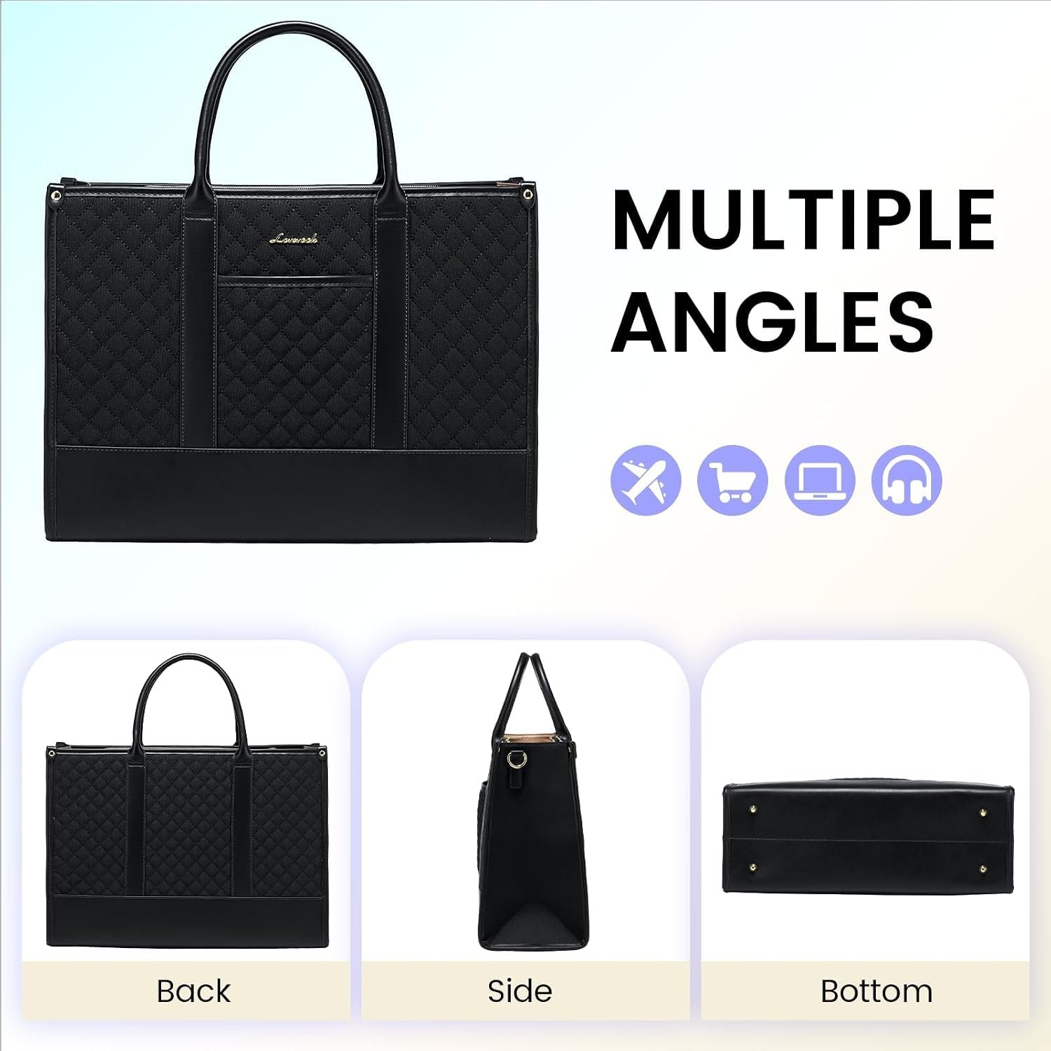 Laptop Bags for Women, 15.6 inch Waterproof Work Tote Bag with Clutch, Professional Teacher Computer Purse Lightweight Shoulder Bag Travel, Quilted Black 15.6 inch - Image 8