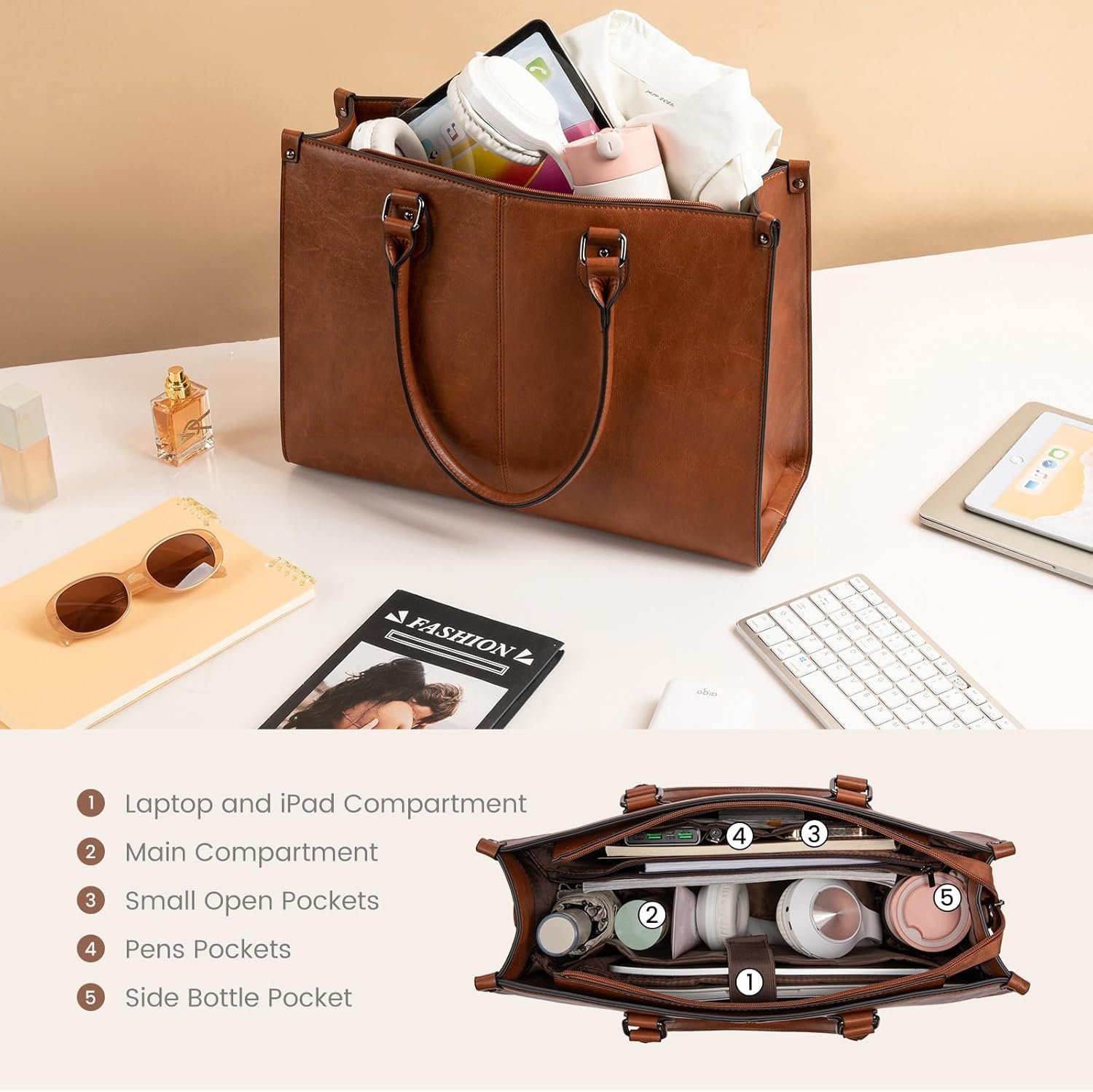 Laptop Tote Bag for Women, 15.6 Inch Professional Work Bag with Matching Clutch, Waterproof Vintage Leather Computer Tote for Office, Business Travel & Daily Use, Gift for Women 15.6 inch - Image 4