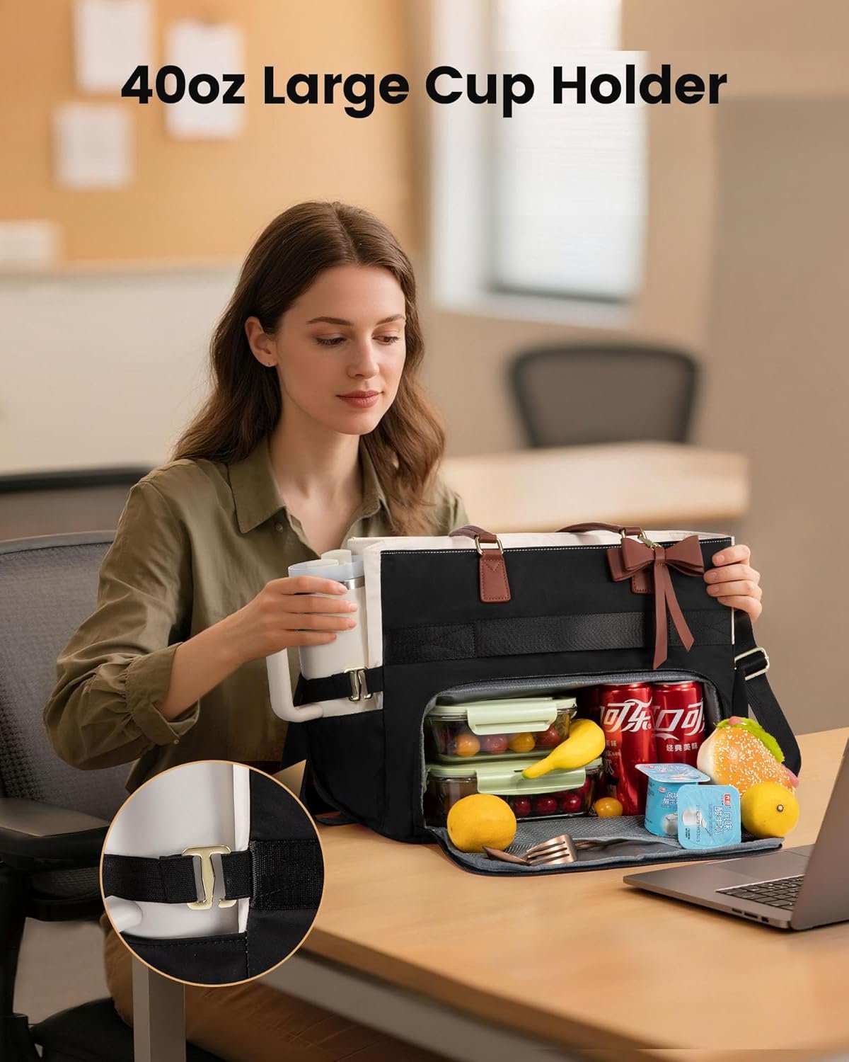Lunch Bag, Tote Bag for Women with Insulated Lunch Compartment, Laptop Bag with Large Capacity & Cup Holder, Work Tote for Teacher, Nurse, Travel, College, Daily, Black-Beige-Brown, 17.3 Inch 17.3 Inch With Lunch Compartment - Image 5