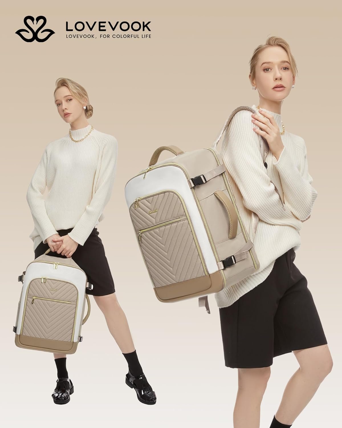 Large Travel Backpack for Women, TSA Carry on Backpack for Airplanes, 40L Personal Item Travel Bag for Women fits 17" Laptop,Waterproof Carry on Bag Airplane Approved with 3 Packing Cubes Khaki - Beige - Abricot - Image 2