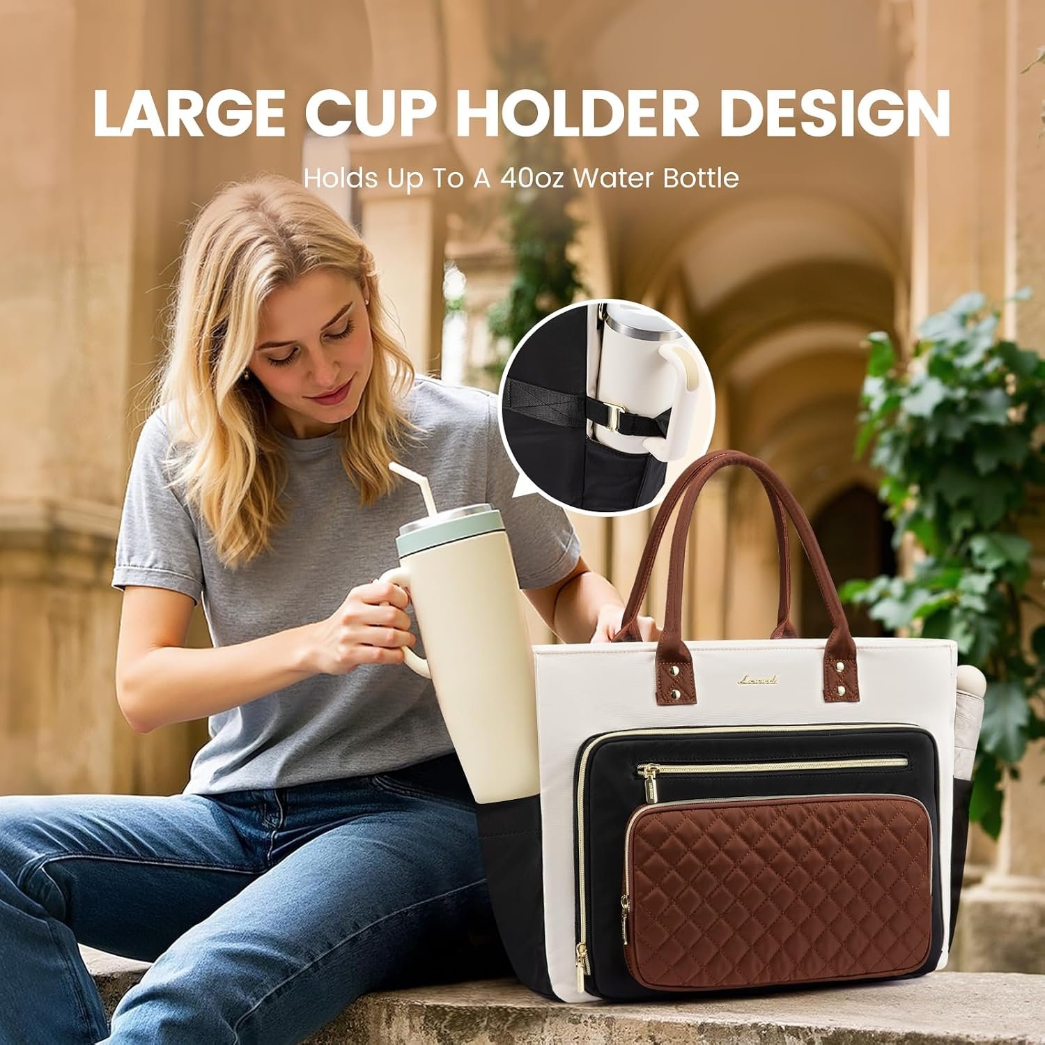 Teacher Tote Bag for Women Work, Laptop Bag With Large Cup Holder, Nurse Bags Professional Briefcase Business Computer Purses Bible Handbag Gifts, Black-Beige-Brown, 15.6 Inch Black-beige-brown - Image 2