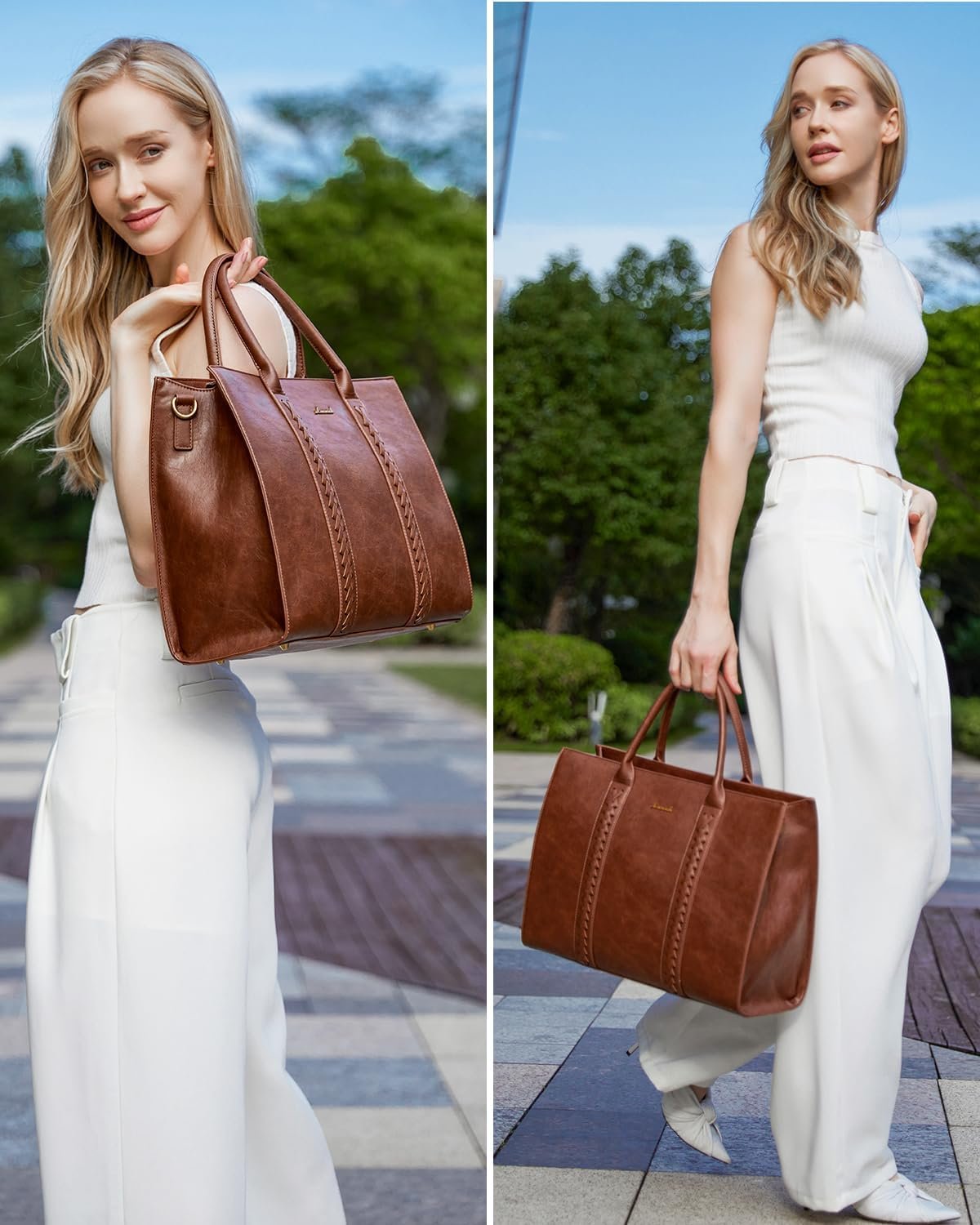 Laptop Tote Bag for Women, Vintage Leather Work Bag With Cup Holder, Waterproof Computer Purse, Professional Briefcase Office Shoulder Handbag, 15.6 Inch, Brown 15.6 Inch - Image 2