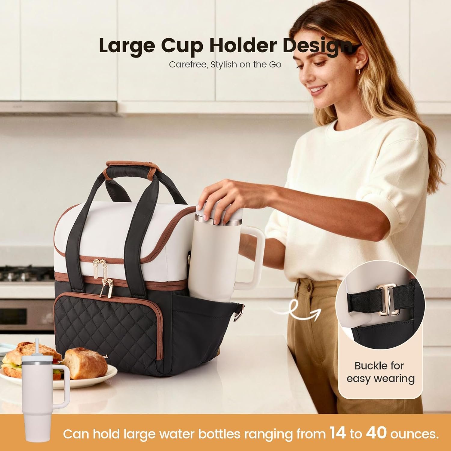 Insulated Lunch Bag for Women,Large Double Deck Adult Lunch Box,Teacher Lunch Tote Bag with Cup Holder,Leakproof Cooler Bag with Adjustable Shoulder Strap for Work Picnic Beach,Larger 15L Black with Off White with Brown - Image 2