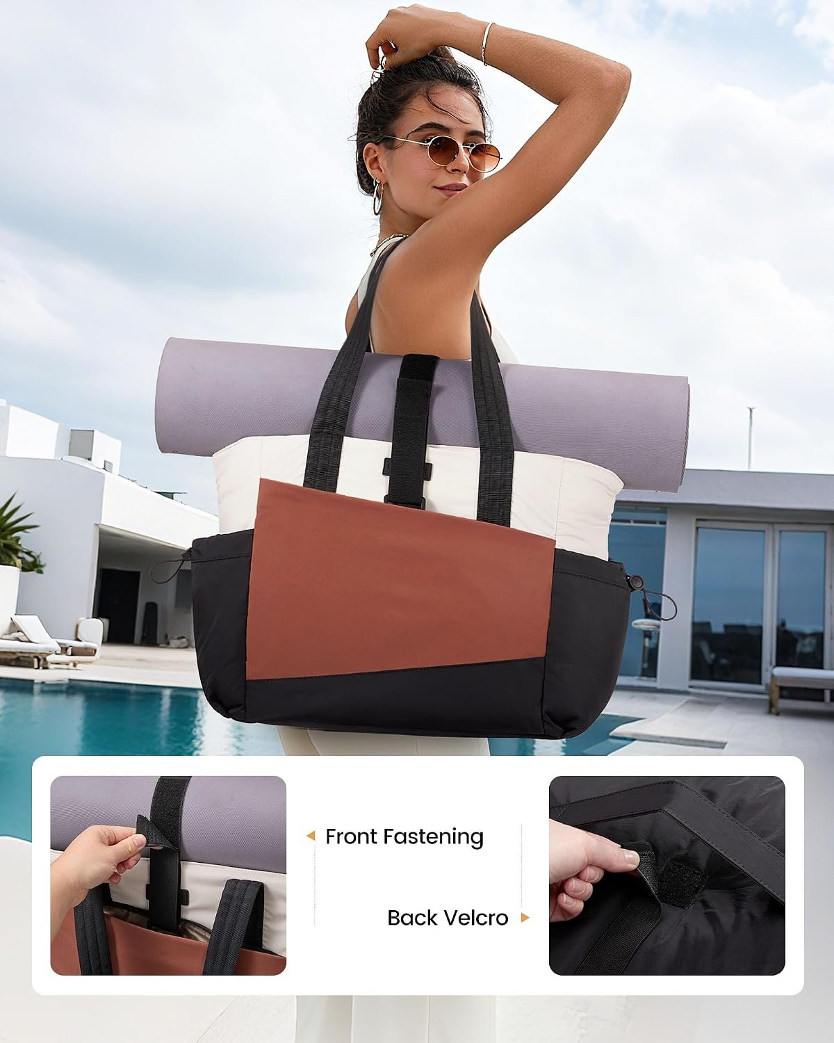 Gym Tote Bag for Women, Puffy Yoga Mat Bag with Large Cup Holder & Wet Pocket, Work Nurse Bag for Travel Workout Black - Image 4
