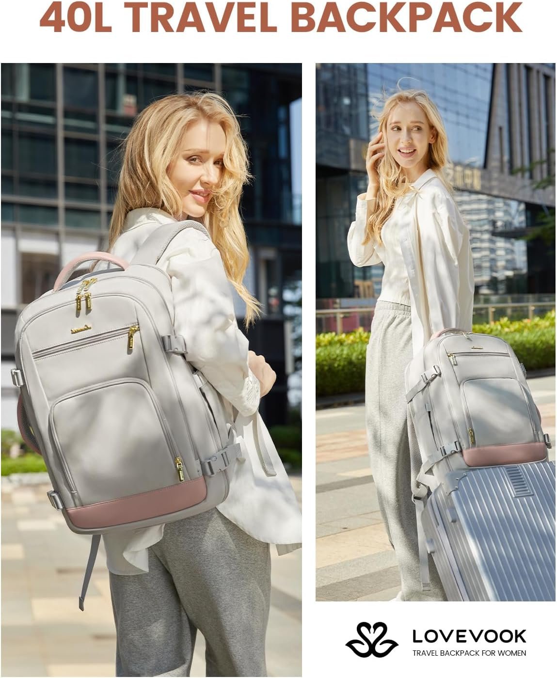Travel Backpack For Women, 40L Carry On Backpack Flight Approved, TSA Personal Item Travel Bag Fits 17 Inch Laptop, Business Weekender Overnight Waterproof Daypack With 2 Cubes, Grey-Pink Pink-grey - Image 10