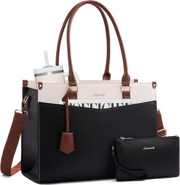 Laptop Bag for Women, 2-in-1 Tote Purse with Clutch & Cup Holder, Waterproof Briefcase for Work Travel Black-beige-brown