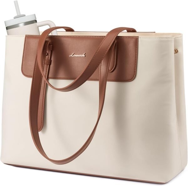 Laptop Tote Bag for Women 15.6 Inch, Water-Resistant Work Tote Bag Large Capacity Computer Bag Briefcase Handbag Cream & Brown