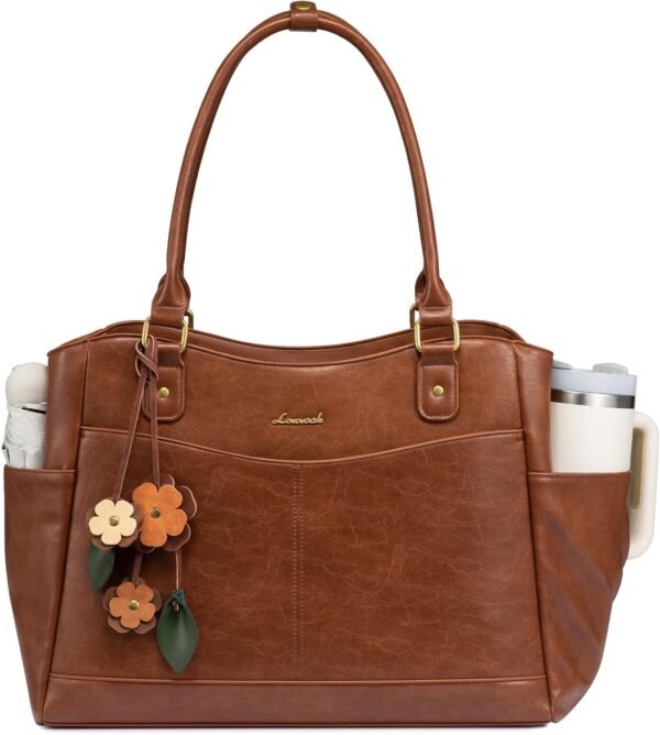 Laptop Bag for Women, Original Vintage Work Tote Bag Computer Office Teacher Bag with Flower Pendant Brown