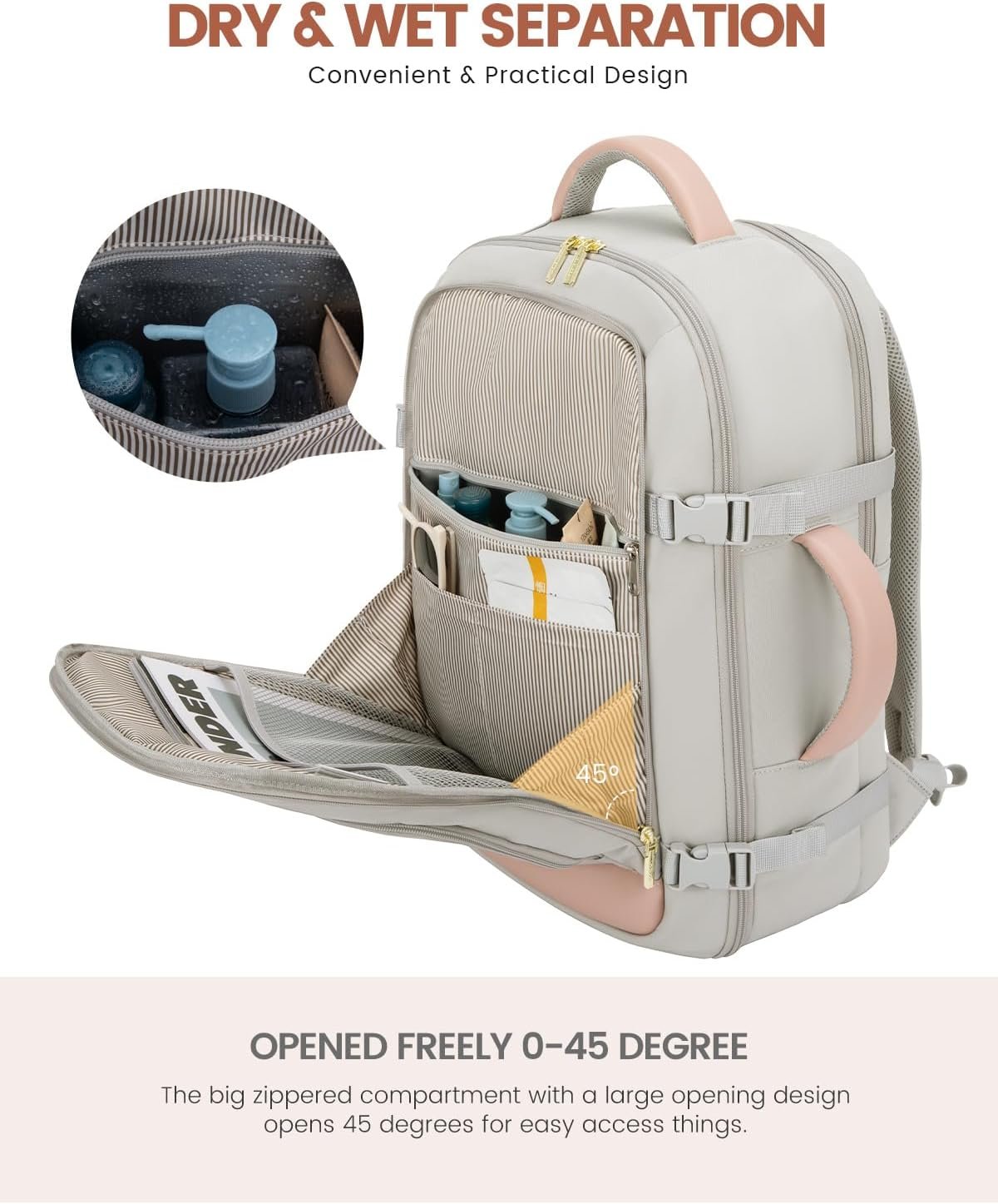 Travel Backpack For Women, 40L Carry On Backpack Flight Approved, TSA Personal Item Travel Bag Fits 17 Inch Laptop, Business Weekender Overnight Waterproof Daypack With 2 Cubes, Grey-Pink Pink-grey - Image 9
