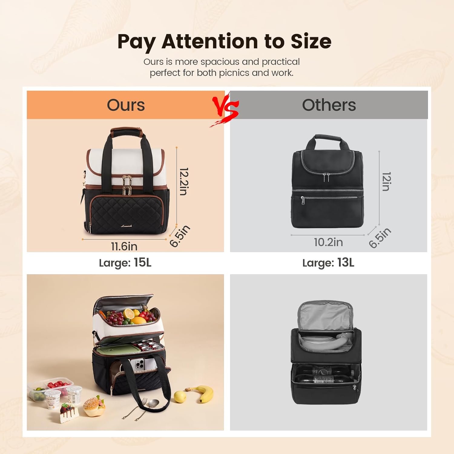 Insulated Lunch Bag for Women,Large Double Deck Adult Lunch Box,Teacher Lunch Tote Bag with Cup Holder,Leakproof Cooler Bag with Adjustable Shoulder Strap for Work Picnic Beach,Larger 15L Black with Off White with Brown - Image 4