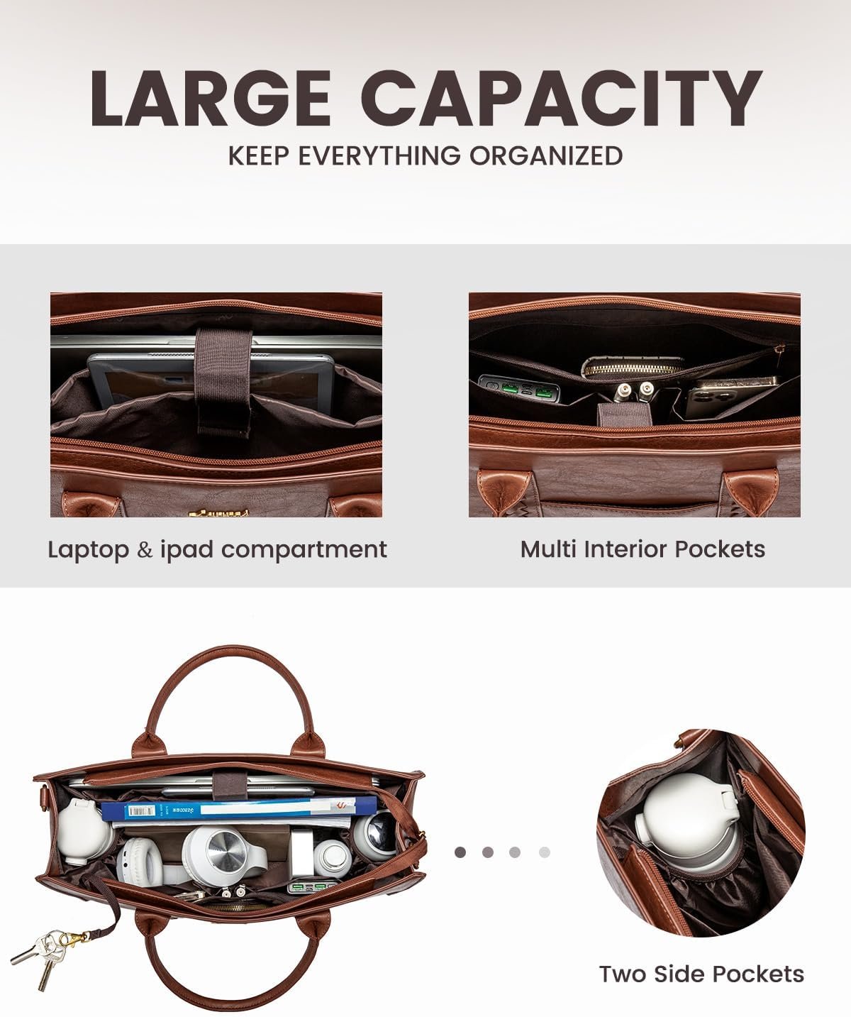 Laptop Tote Bag for Women, Vintage Leather Work Bag With Cup Holder, Waterproof Computer Purse, Professional Briefcase Office Shoulder Handbag, 15.6 Inch, Brown 15.6 Inch - Image 3