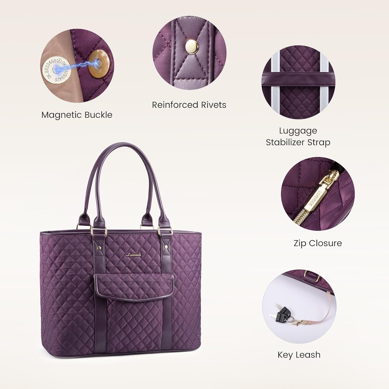 Laptop Tote Bag for Women 15.6 Inch,Waterproof Computer Bag for Laptop for Womens,Quilted Travel Work Tote Bags for Women,Stylish Laptop Bag Purse with Luggage Sleeve for Teacher,Nurse,Office 15.6 Inch - Image 3