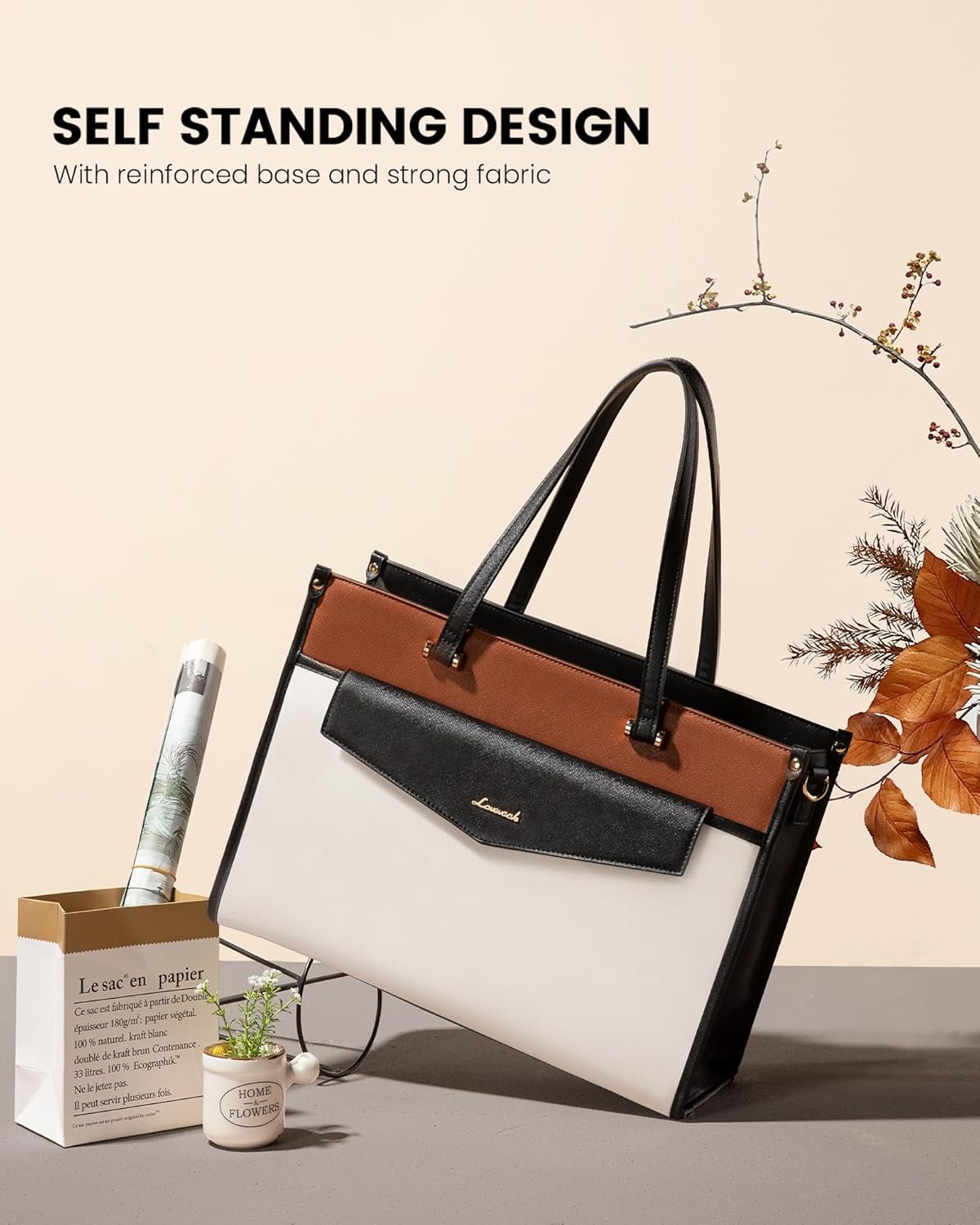 Laptop Bag for Women, 15.6'' Laptop Tote Purse 2-in-1 Professional Work Bag Business Briefcase with Clutch Purse, Waterproof Leather Computer Handbag for Teacher Office Travel Black White Brown - Image 7