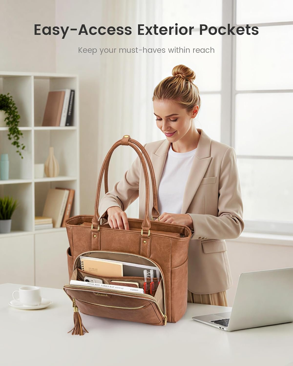 Laptop Tote Bag for Women Work, Vintage Leather Teacher Nurse Bag with Large Cup Holder, Bible Handbag Purse GIfs, Waterproof Professional Computer Briefcase for Business Office, 17 Inch Chestnut Brown - Image 2