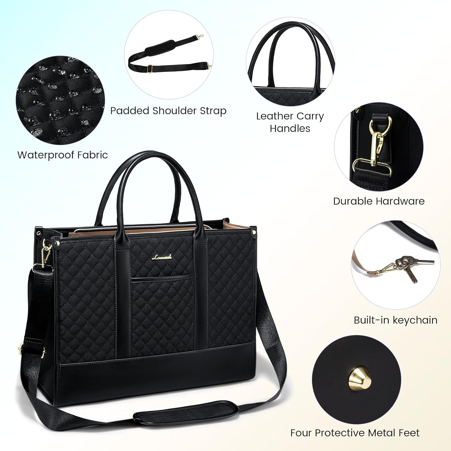 Laptop Bags for Women, 15.6 inch Waterproof Work Tote Bag with Clutch, Professional Teacher Computer Purse Lightweight Shoulder Bag Travel, Quilted Black 15.6 inch - Image 4