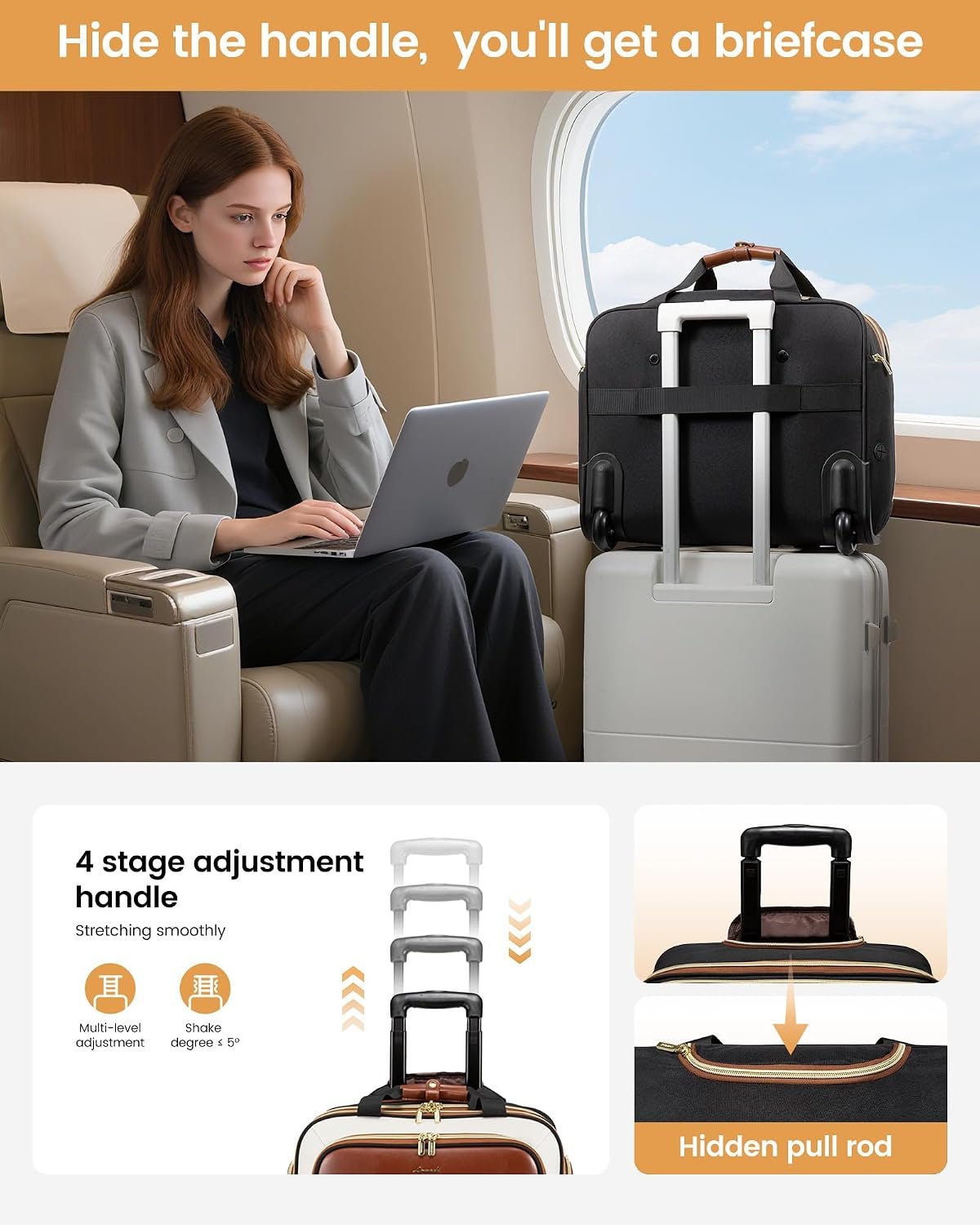 Rolling Laptop Bag Women, 17.3 Inch Laptop Briefcase with Wheels, Soft Sided Underseat Carry On Luggage Personal Item Suitcase for Work Travel Business, Black Brown Beige Black-Brown-White - Image 7