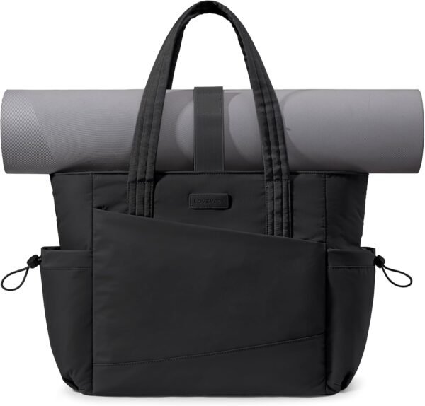Gym Tote Bag for Women, Puffy Yoga Mat Bag with Large Cup Holder & Wet Pocket, Work Nurse Bag for Travel Workout Black