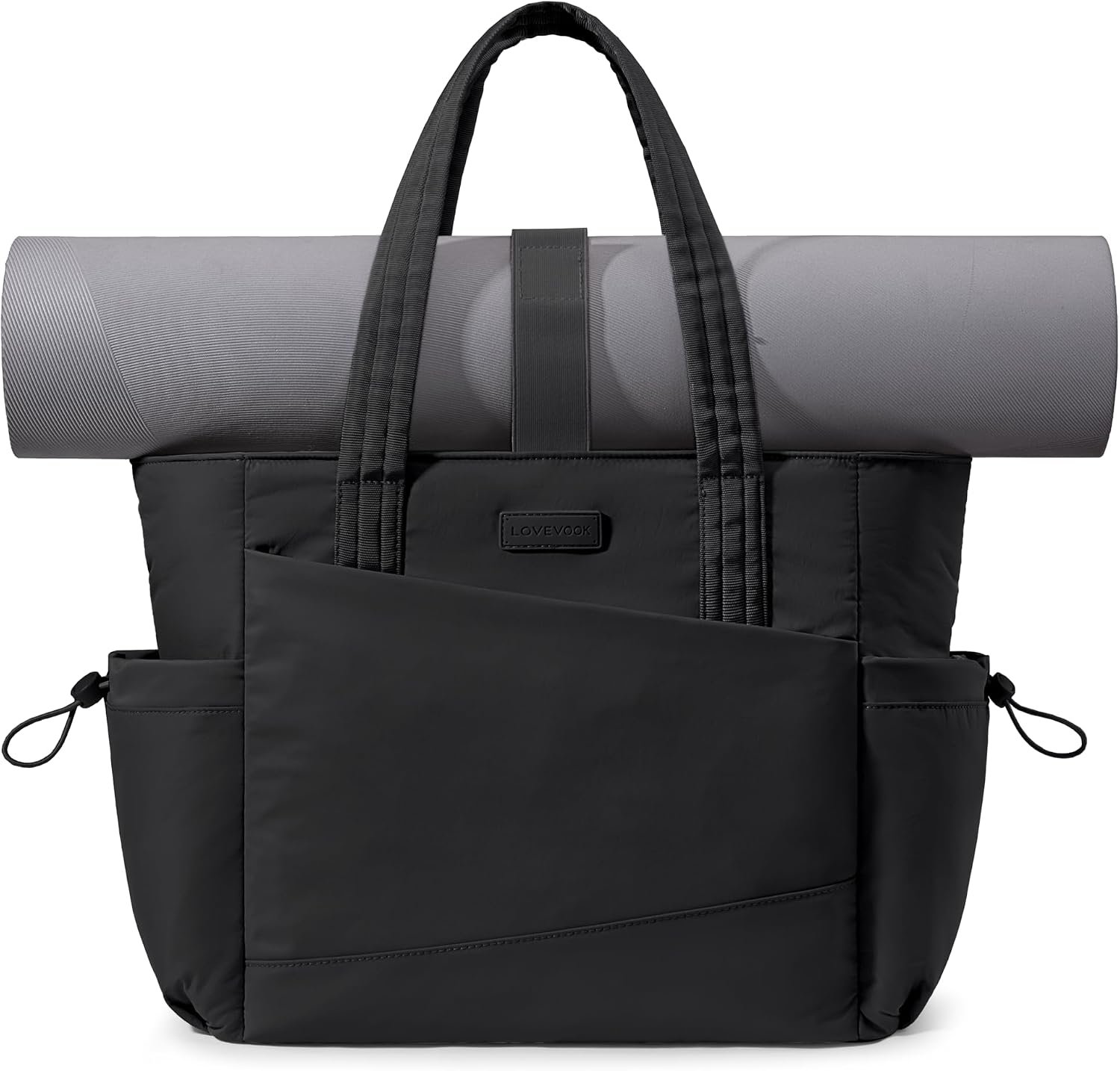Gym Tote Bag for Women, Puffy Yoga Mat Bag with Large Cup Holder & Wet Pocket, Work Nurse Bag for Travel Workout Black