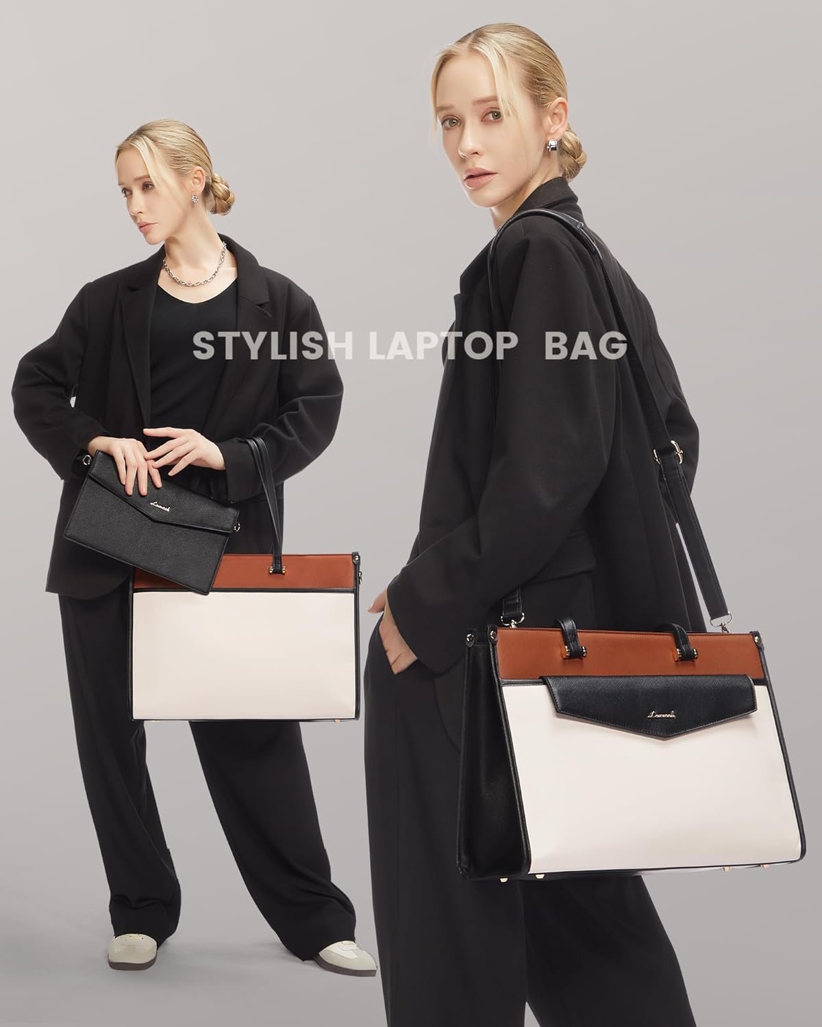 Laptop Bag for Women, 15.6'' Laptop Tote Purse 2-in-1 Professional Work Bag Business Briefcase with Clutch Purse, Waterproof Leather Computer Handbag for Teacher Office Travel Black White Brown - Image 2
