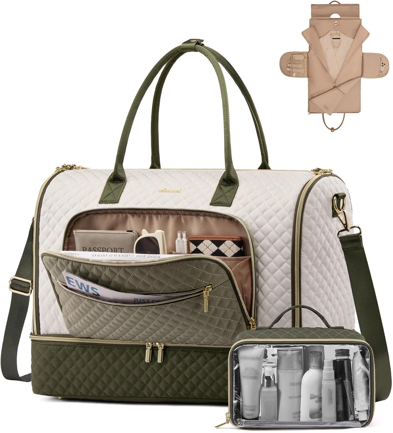 Convertible Travel Duffle Bag for Women Men, Garment Bag for Travel, Quilted Overnight Weekender Carry On Duffel Bags for Airplane, Suit Bags for Trip, Business Beige-Green