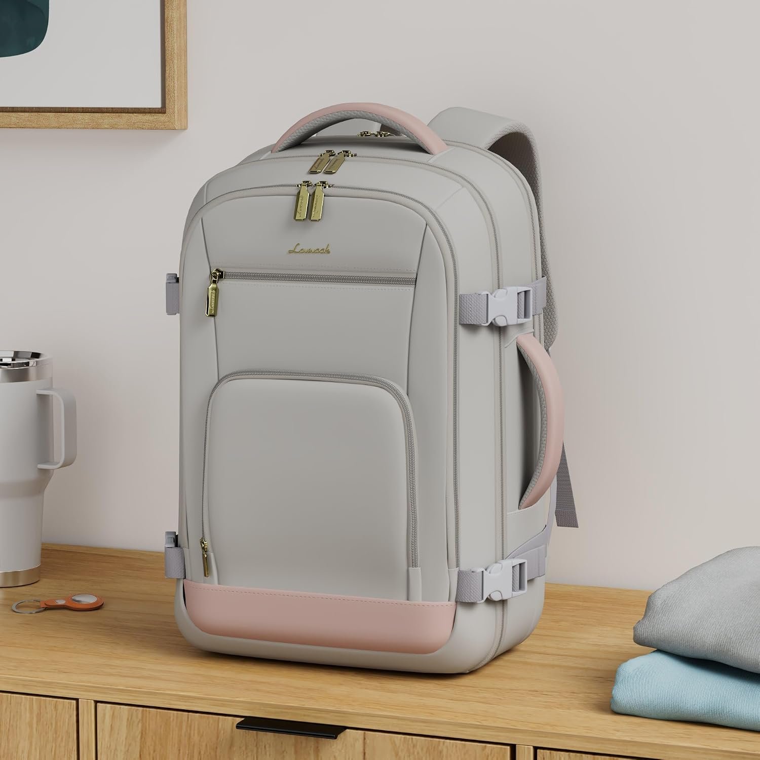 Travel Backpack For Women, 40L Carry On Backpack Flight Approved, TSA Personal Item Travel Bag Fits 17 Inch Laptop, Business Weekender Overnight Waterproof Daypack With 2 Cubes, Grey-Pink Pink-grey - Image 2