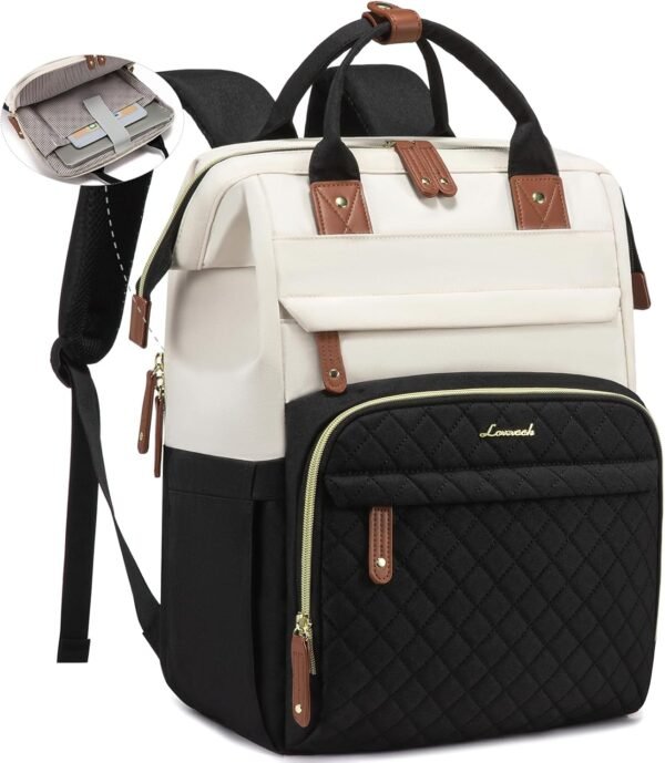 Laptop Backpack for Women, 15.6'' Waterproof Nurse Bag Teacher Work Backpack Purse for Women, Travel Computer Backpack for College Office Business Ladies Cream-black