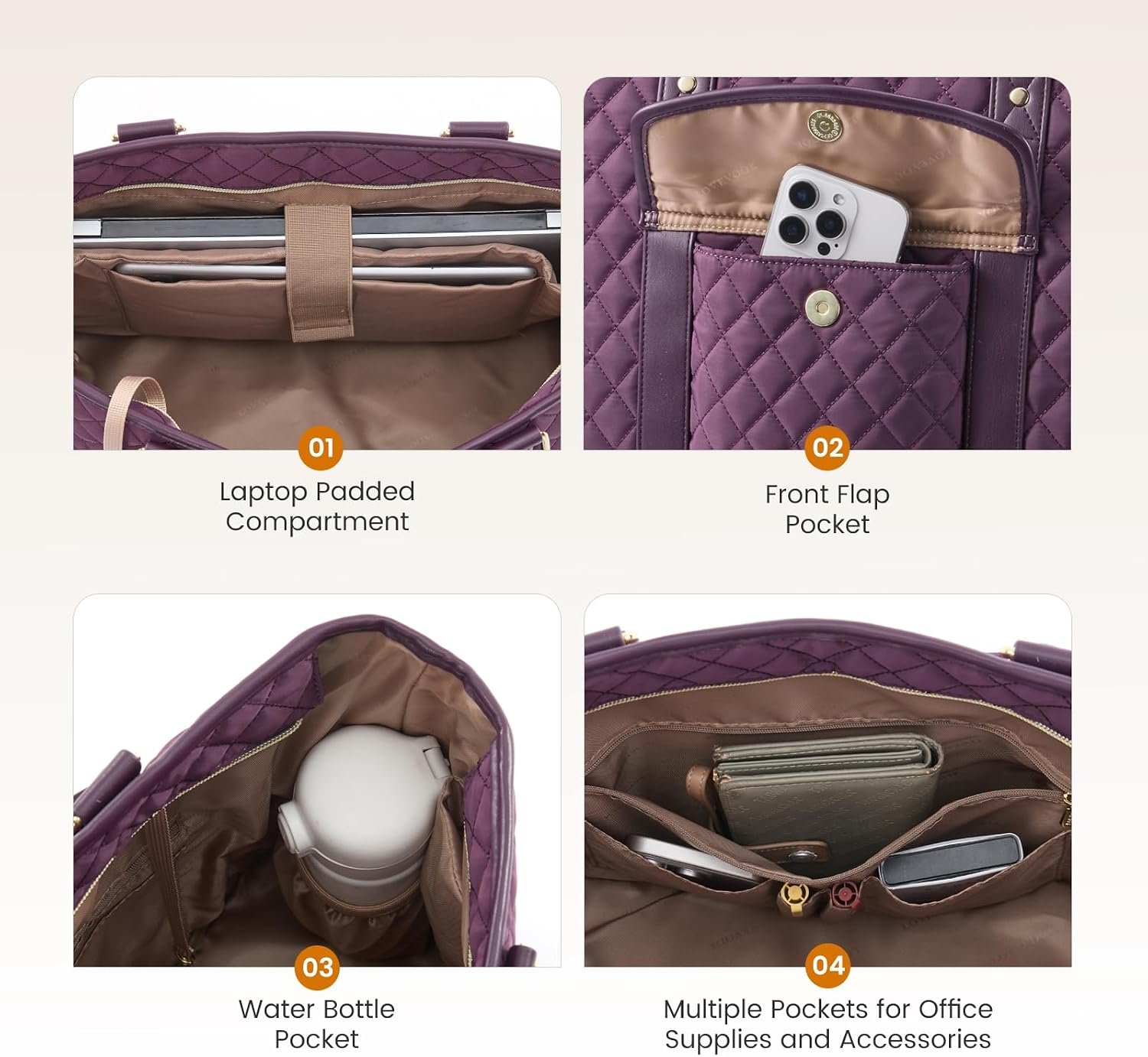 Laptop Tote Bag for Women 15.6 Inch,Waterproof Computer Bag for Laptop for Womens,Quilted Travel Work Tote Bags for Women,Stylish Laptop Bag Purse with Luggage Sleeve for Teacher,Nurse,Office 15.6 Inch - Image 4