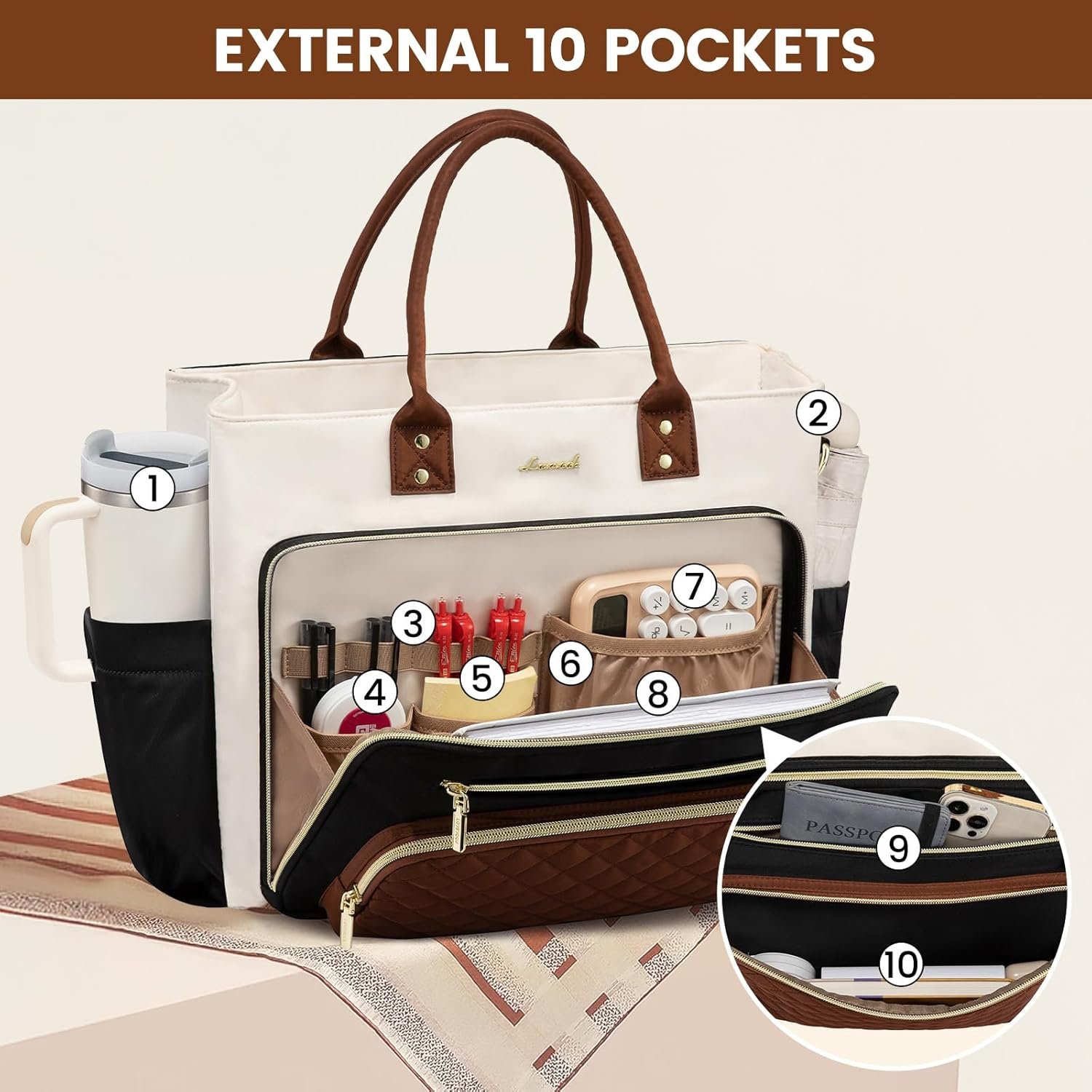 Teacher Tote Bag for Women Work, Laptop Bag With Large Cup Holder, Nurse Bags Professional Briefcase Business Computer Purses Bible Handbag Gifts, Black-Beige-Brown, 15.6 Inch Black-beige-brown - Image 3
