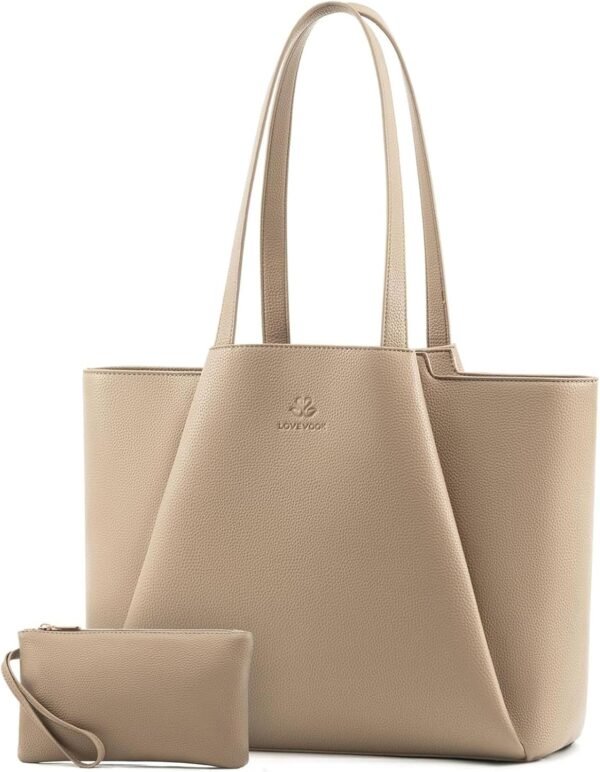 Laptop Tote for Women - 15.6 Inch Faux Leather Laptop Bag with Clutch, Large Capacity Office Purse Computer Sandy