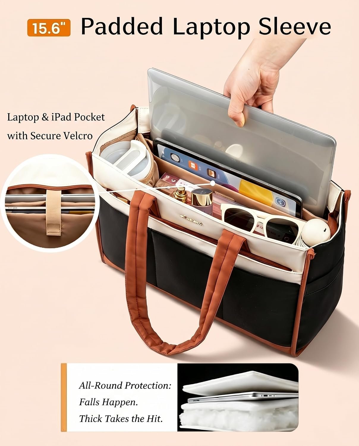 Tote Bag for Women, Lightweight Puffer Work Handbag with Large Cup Holder, 15.6 Inch Laptop Computer Purse for Nurse Teacher, 25L Quilted Travel Tote Shoulder Bag for College Office Gym Cream-black-brown - Image 4